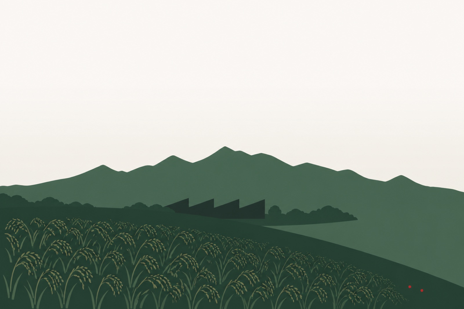 栃木県の田園と工場、遠景に山並みを描いたイラスト