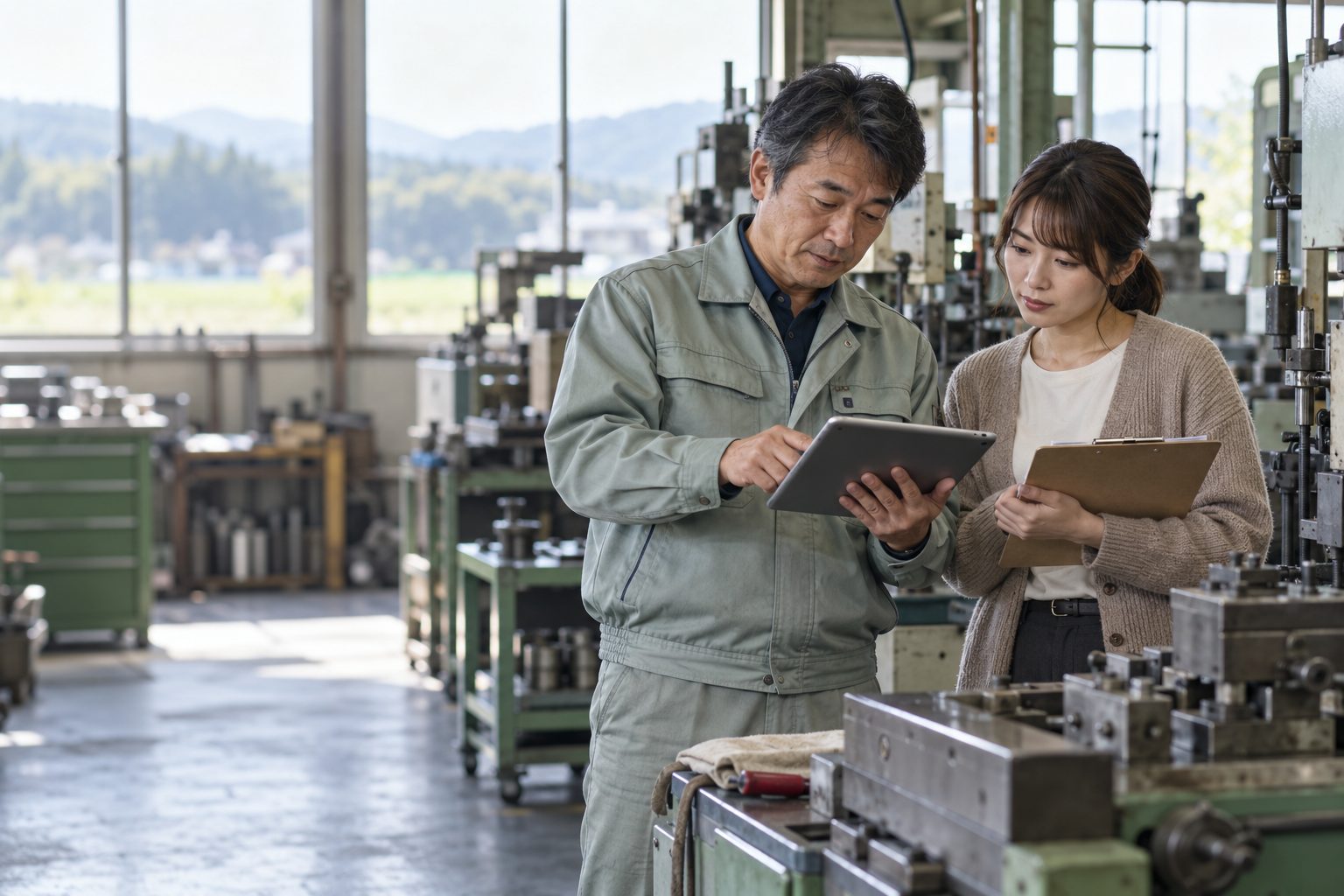 工場の現場で、責任者と一緒にタブレットで作業を確認している様子