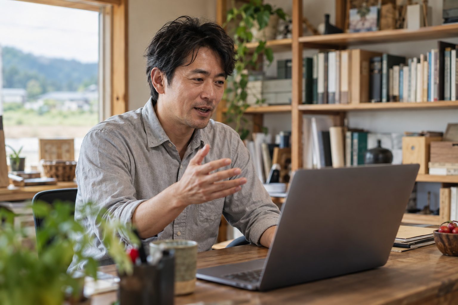 社長がノートパソコンでオンライン相談をしている様子