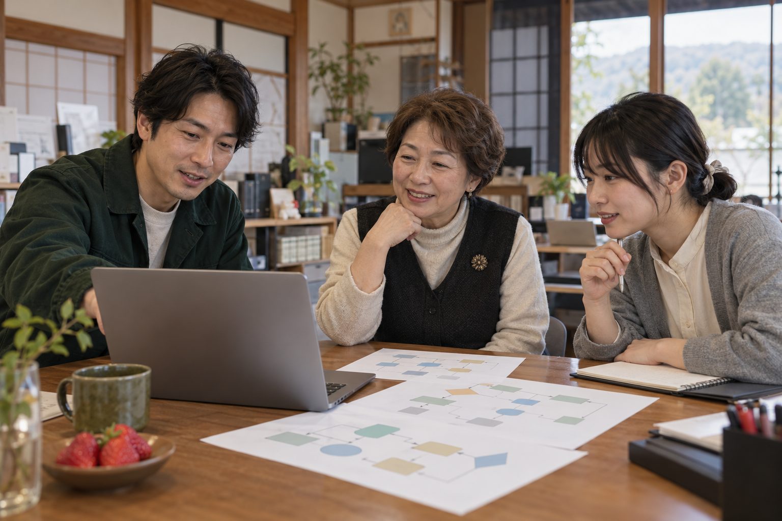 会社の打ち合わせ机で、社長と社員がノートパソコンと業務の流れ図を見ながら相談している様子